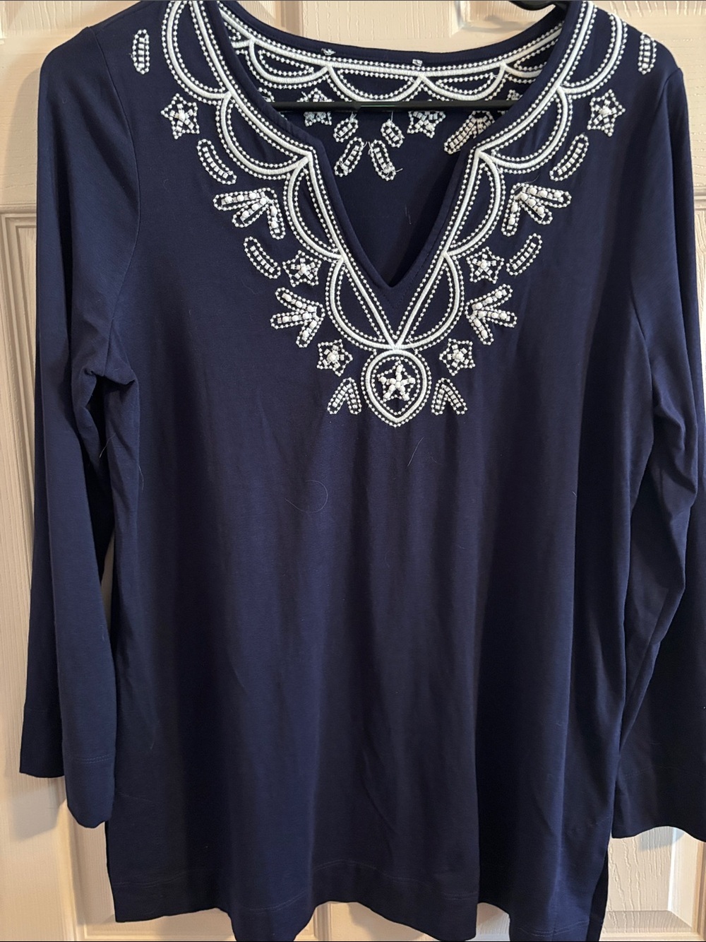 Navy Long Sleeve V-Neck Top with White Beaded Embroidery